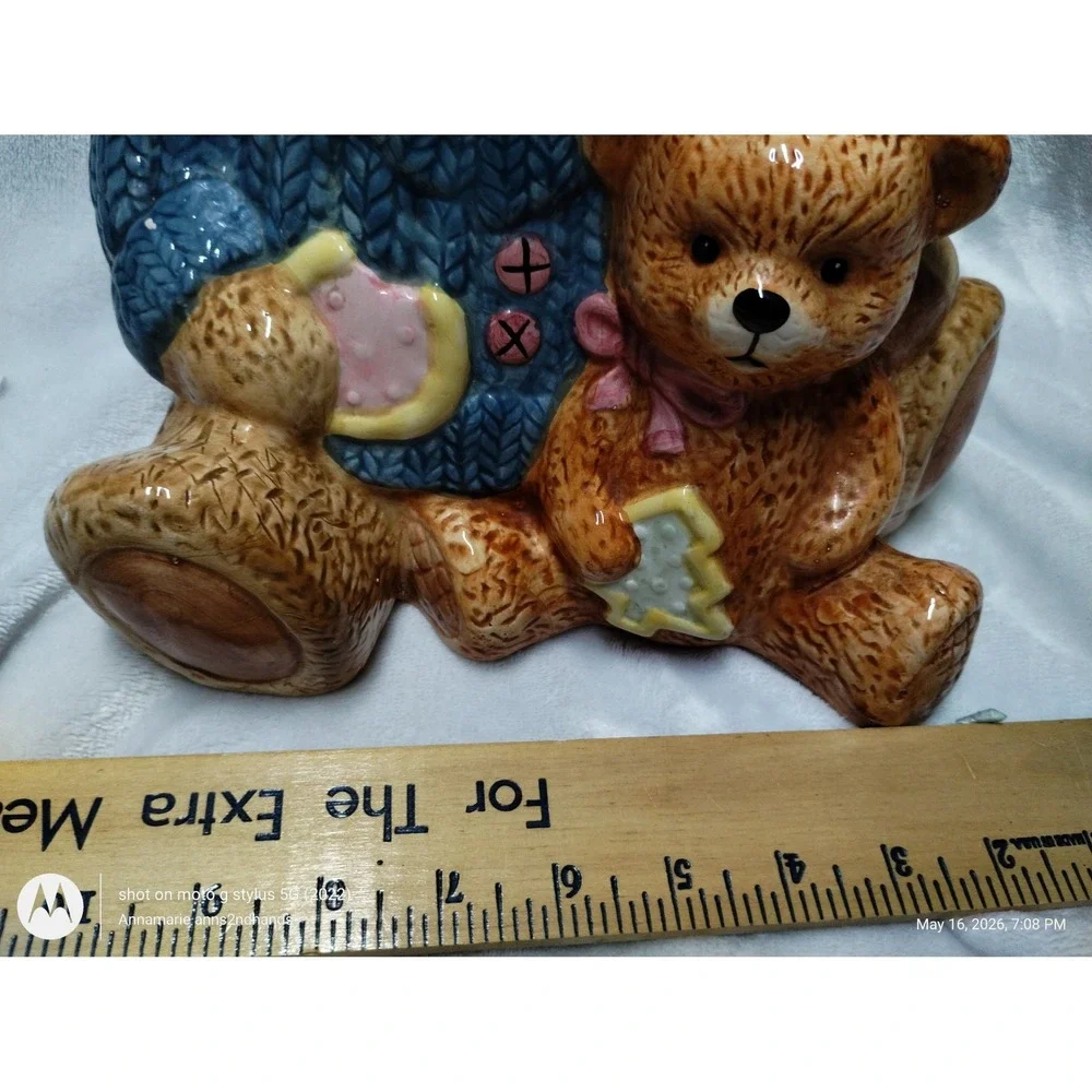 Cresco China‎ Teddy Bear Mother and Cub Ceramic Cookie Jar Blue Sweater